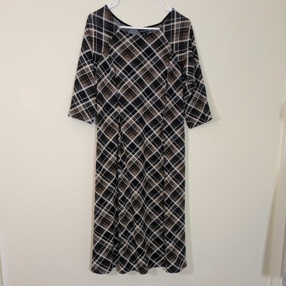 En Focus Studio Plaid Midi Dress Women's‎  Size 6 3/4 Sleeve A-Line Brown Autumn